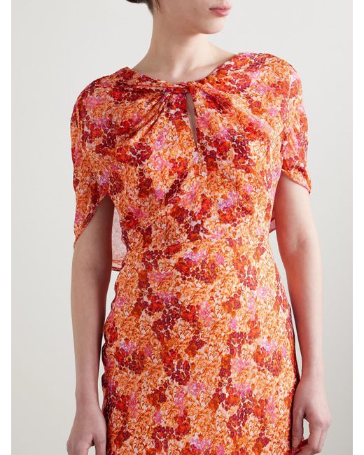 Saloni Red Claudia Cape-Effect Floral-Print Silk-Georgette Gown