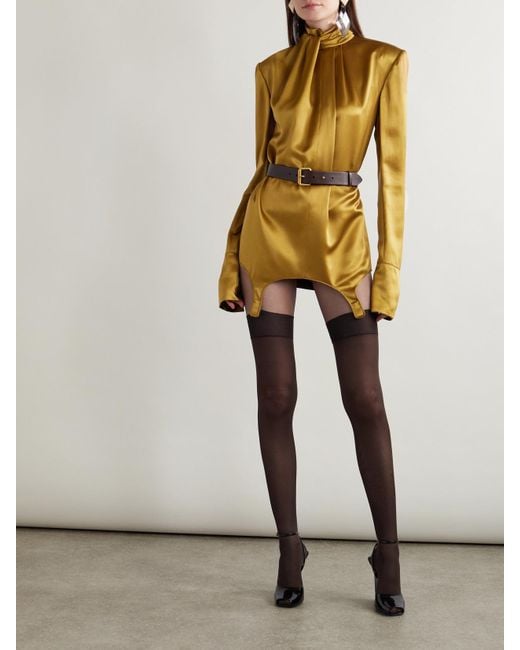 Saint Laurent Yellow Twisted Silk-Satin Turtleneck Mini Dress