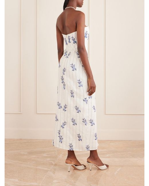 Agua Bendita White Cinefila Striped Embellished Linen Midi Dress