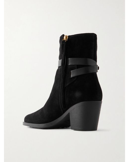 Tod's Black Embellished Leather-Trimmed Suede Ankle Boots