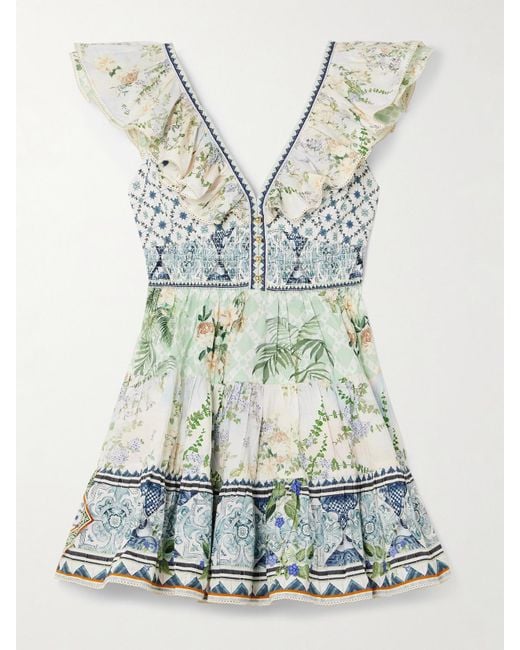 Camilla Blue Minikleid Aus Biobaumwolle Mit Print, Rüschen Und Cut-Out