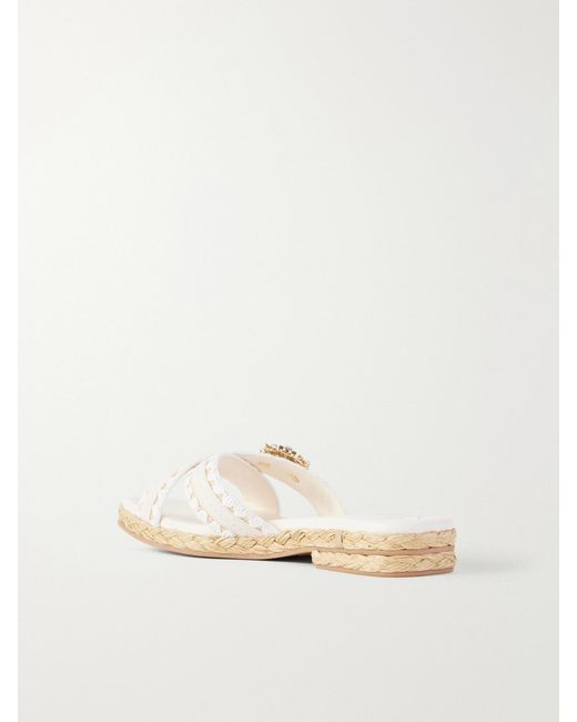 Roger Vivier Natural Strass Crystal-Embellished Leather-Trimmed Raffia Slides