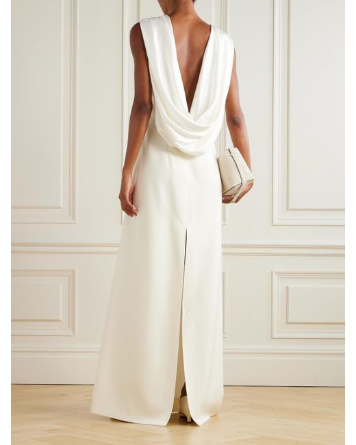 Sa Su Phi White Tuxedo Open-Back Draped Silk-Blend Satin-Trimmed Wool Maxi Dress