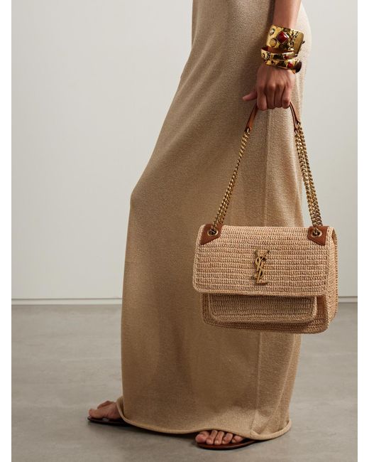Saint Laurent Natural Niki Medium Leather-Trimmed Raffia Shoulder Bag