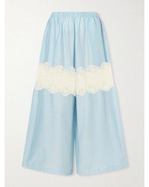 Alix Of Bohemia Blue Margie Sky Lace-Trimmed Cotton And Silk-Blend Wide Leg Pants
