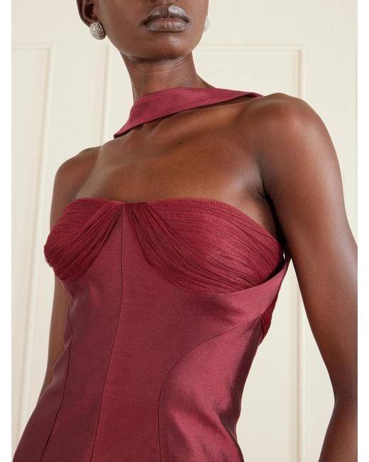 Danielle Frankel Red Lette Paneled Tulle-Trimmed Wool And Silk-Blend Twill Gown
