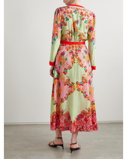 Saloni White Lea Belted Floral-Print Silk Crepe De Chine Maxi Dress