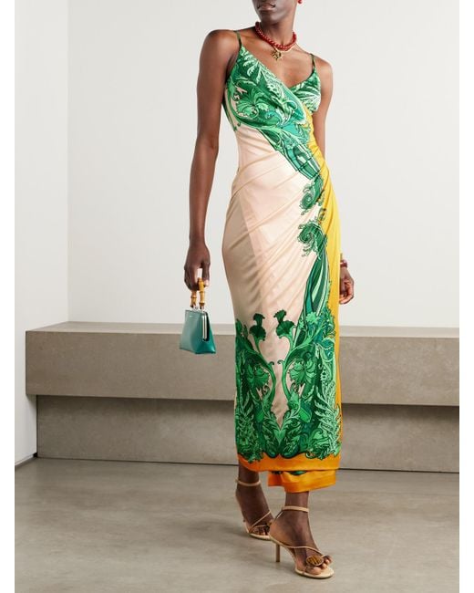 Etro Green Wrap-Effect Gathered Printed Cady Maxi Dress