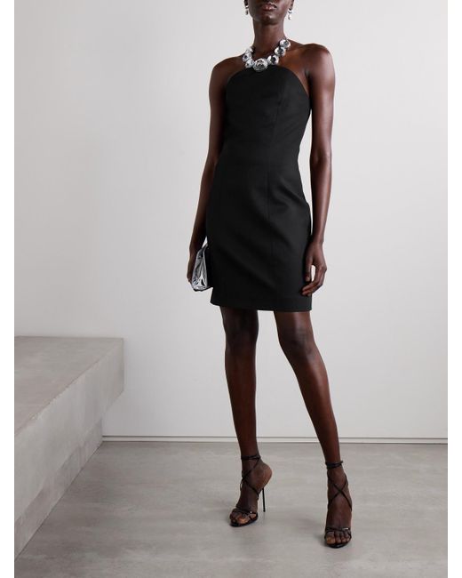 Area Black Embellished Wool-Twill Halterneck Mini Dress