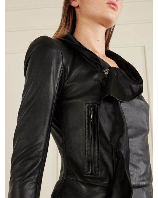 Rick Owens Black Satin Twill-Trimmed Leather Jacket