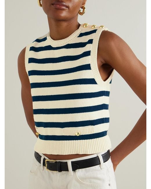 FRAME Blue The Harbor Button-Embellished Striped Cotton-Blend Vest