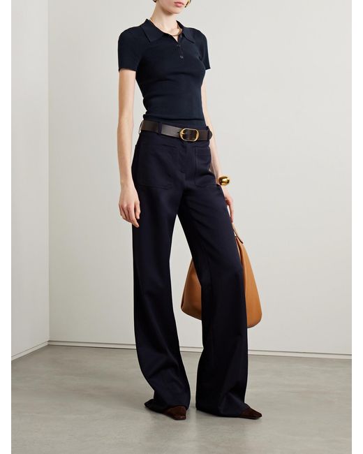 Nili Lotan Blue Solana Ribbed Cotton Polo Top
