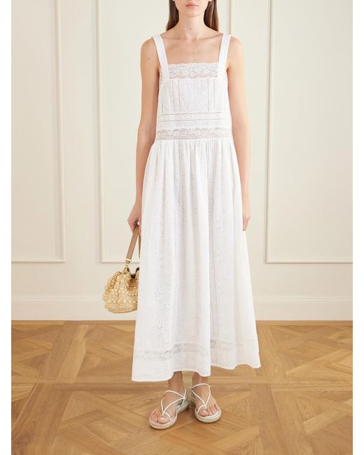 Loretta Caponi White Antigua Lace-Trimmed Embroidered Cotton Midi Dress