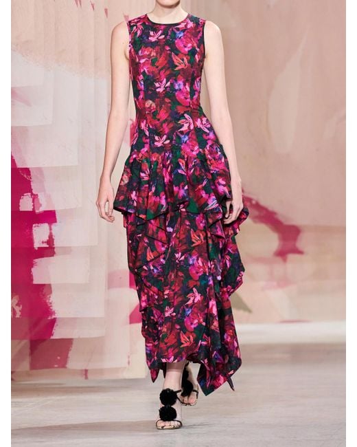 Robe Longue En Popeline De Coton À Imprimé Fleuri Et À Volants Mural Ulla Johnson en coloris Red