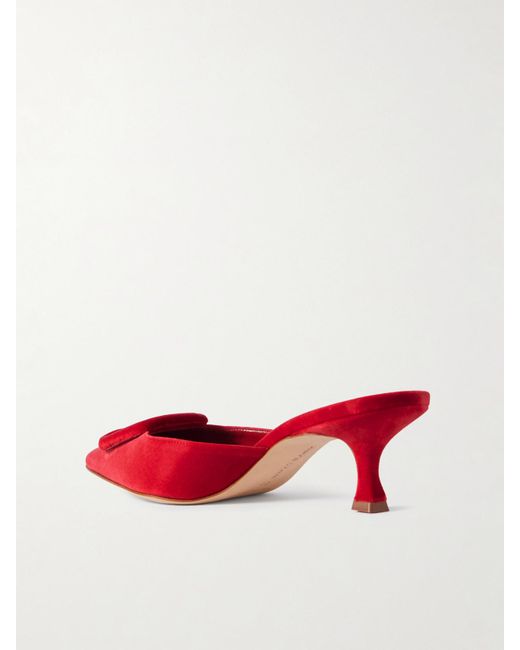 Manolo Blahnik Red Maysale 50 Buckled Velvet Mules