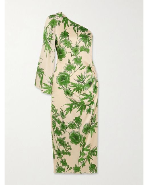Borgo De Nor Green Atlantis One-Shoulder Embellished Floral-Print Satin Midi Dress