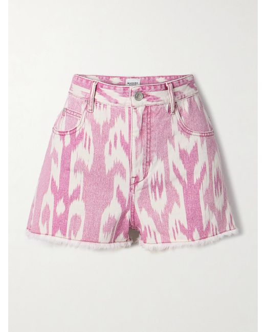 Isabel Marant Pink Lesia Frayed Printed Denim Shorts