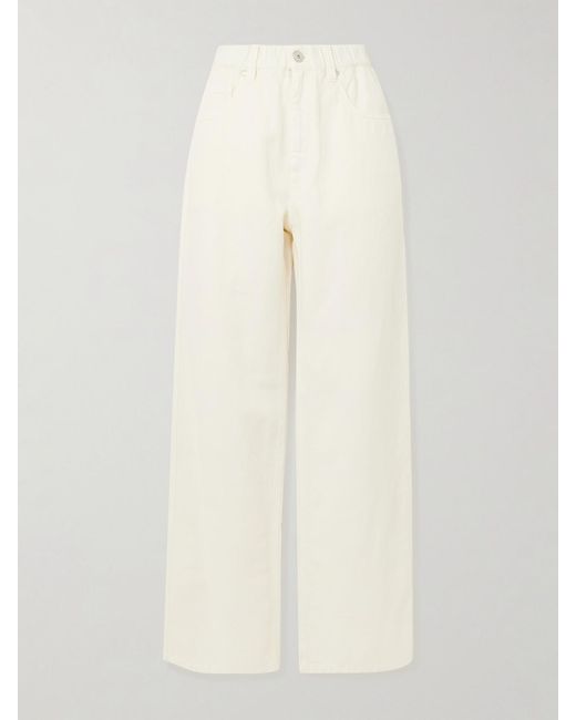 Brunello Cucinelli White Bead-Embellished Cotton And Linen-Blend Wide-Leg Pants