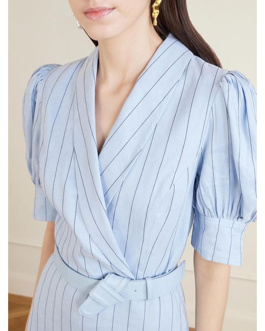Rebecca Vallance Blue Effie Belted Striped Linen-Blend Midi Dress