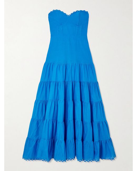 Charo Ruiz Blue Danny Strapless Broderie Anglaise-Trimmed Tiered Cotton-Blend Voile Maxi Dress