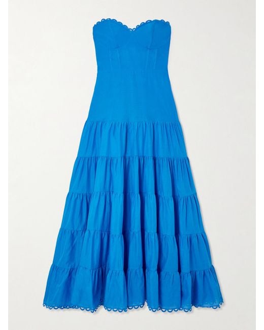 Charo Ruiz Blue Danny Strapless Broderie Anglaise-Trimmed Tiered Cotton-Blend Voile Maxi Dress