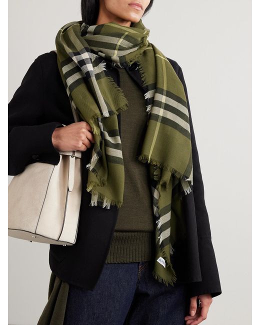 Burberry Green Checked Fringed Wool Scarf