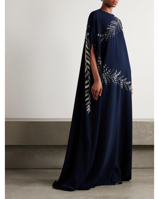 Oscar de la Renta Blue Embellished Stretch-Silk Georgette Gown