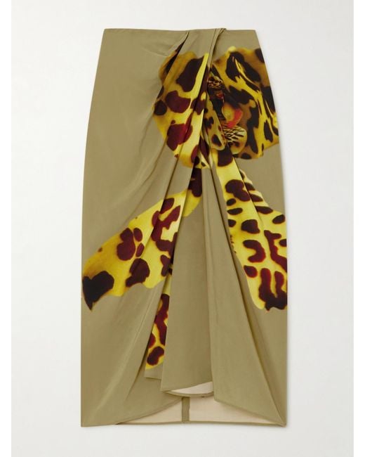 Dries Van Noten Yellow Gathered Printed Wrap-Effect Satin Midi Skirt