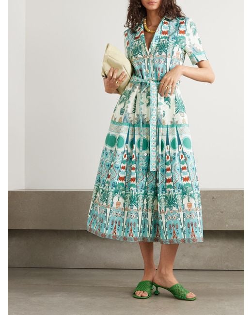 Emporio Sirenuse Green Claudia Belted Pleated Printed Cotton-Poplin Midi Shirt Dress