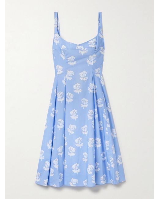 Marni Blue Pleated Floral-Print Cotton-Poplin Midi Dress
