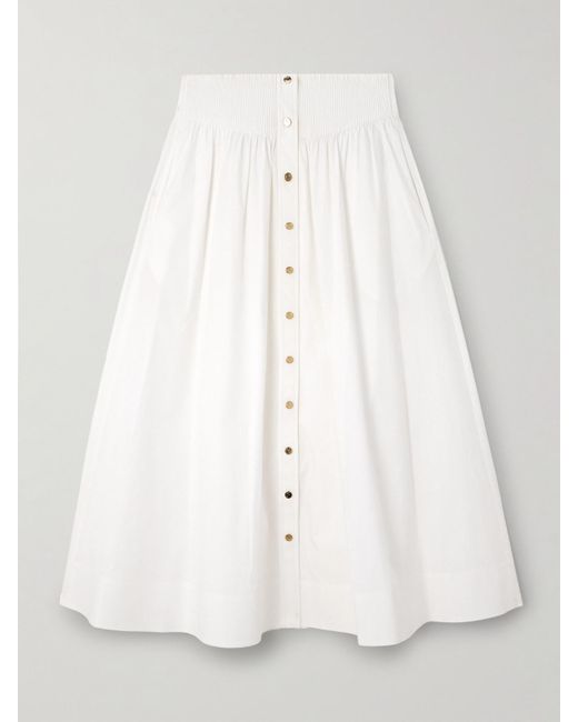 Tory Burch White Gathered Cotton-Blend Poplin Midi Skirt