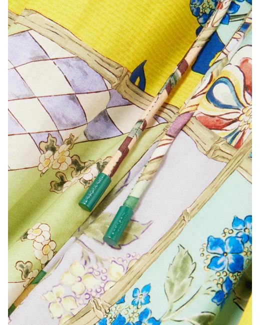 Mini-Robe En Voile De Coton Et De Soie Mélangés Imprimé À Fronces Et À Ceinture Bianca ALÉMAIS en coloris Green