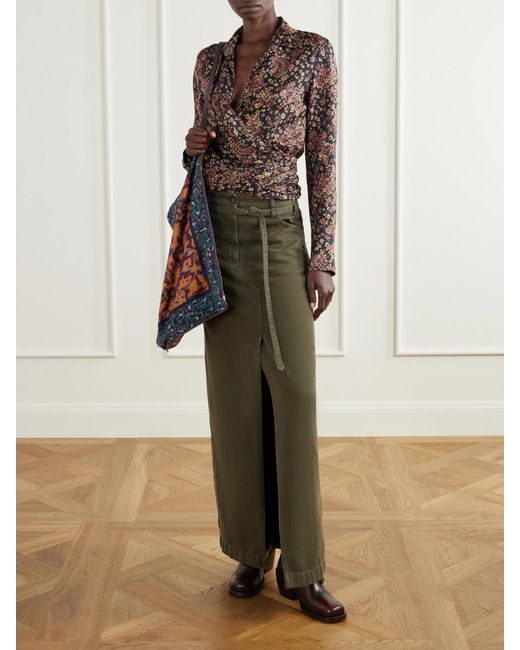 Dries Van Noten Green Belted Cotton-Twill Midi Skirt