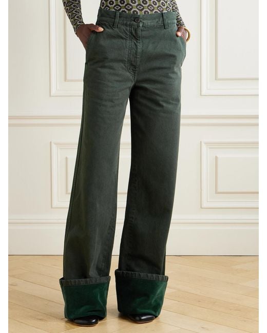 Dries Van Noten Green Velvet-Trimmed Mid-Rise Wide-Leg Jeans