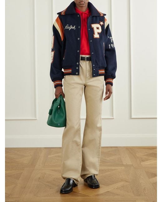 Polo Ralph Lauren Blue Embroidered Appliquéd Leather-Trimmed Wool-Blend Twill Jacket