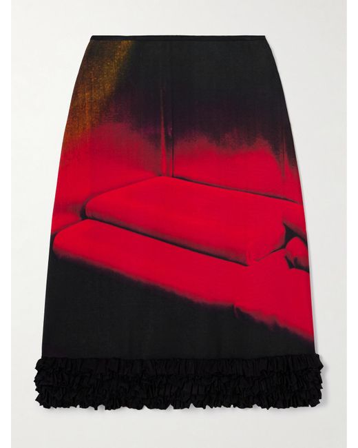 Jil Sander Red Ruffled Printed Satin Midi Skirt