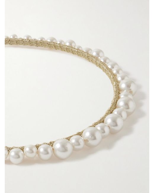 Jennifer Behr Natural Belladonna Pearl-Embellished Metallic Knitted Headband