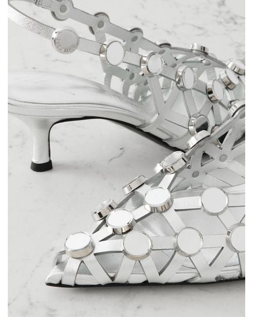 The Attico White Grid Studded Metallic Leather Slingback Pumps