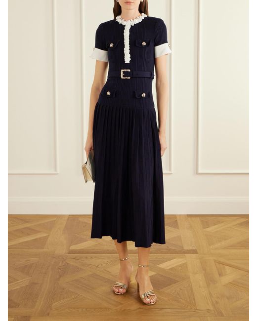 Self-Portrait Blue Belted Floral-Appliquéd Ribbed Midi Dress