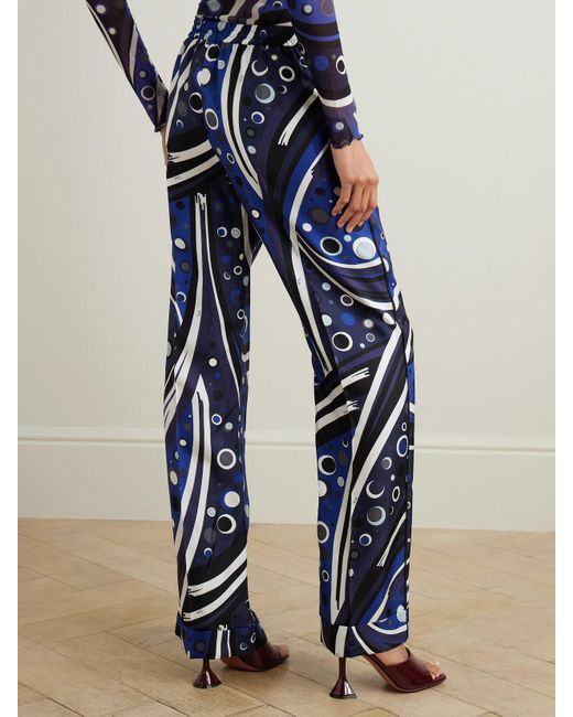 Emilio Pucci Blue Printed Silk-Twill Straight-Leg Pants