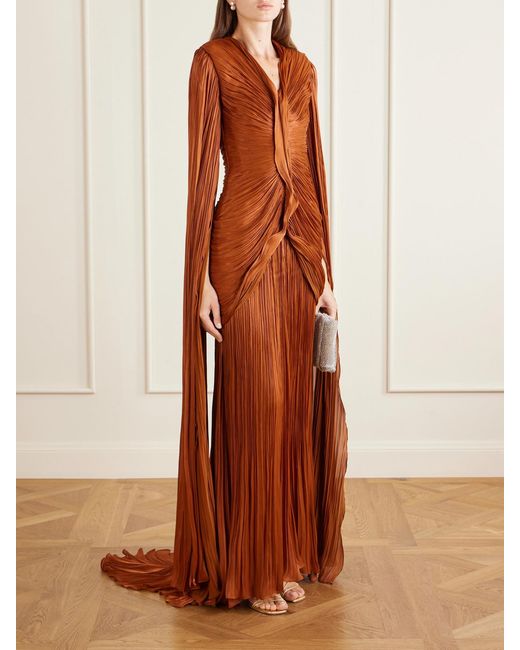 Marmar Halim Brown Pleated Ruched Satin Gown
