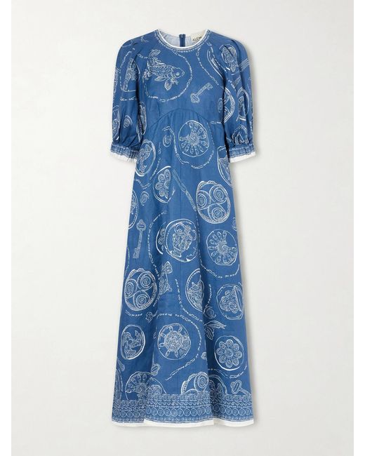 ALÉMAIS Blue Lucky Printed Linen Midi Dress