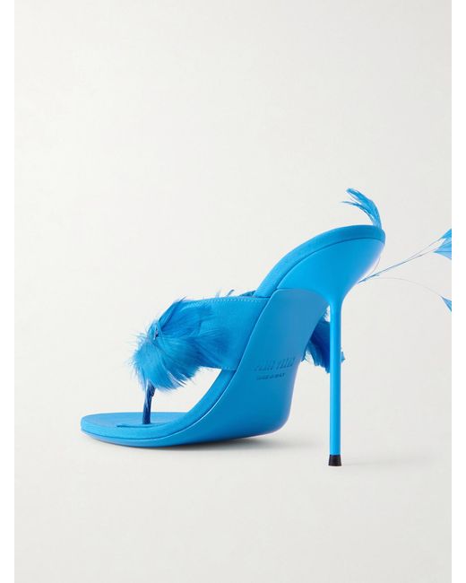 Paris Texas Blue Lidia 105 Feather-Trimmed Satin Mules