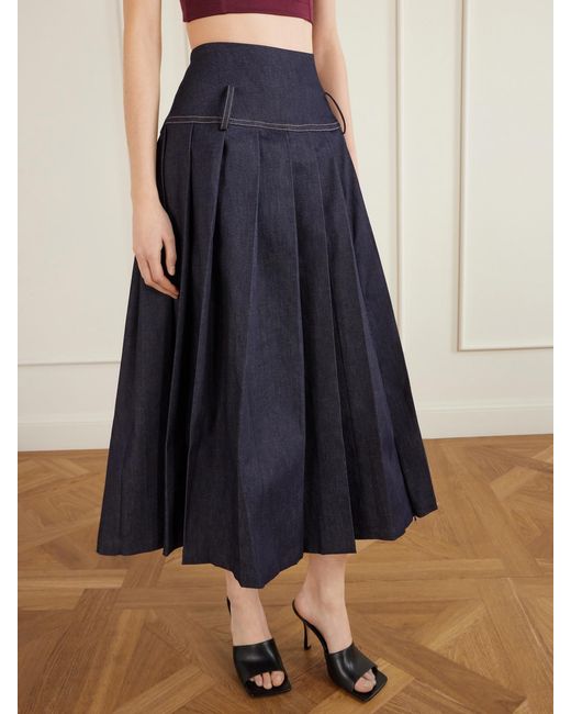 Tolu Coker Blue Pleated Denim Maxi Skirt