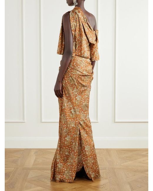 Dries Van Noten Natural One-Shoulder Gathered Floral-Print Crepe Midi Dress