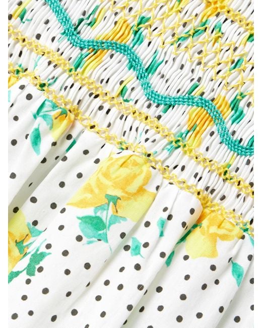 Loretta Caponi White Gioia Smocked Printed Cotton-Voile Midi Dress