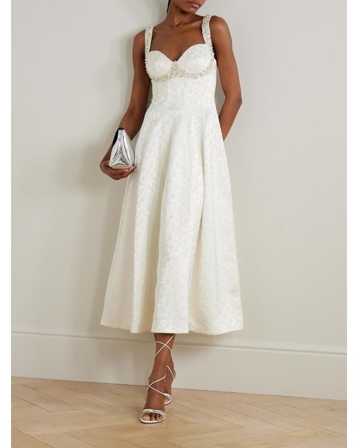 Jonathan Simkhai White Charlotte Embellished Pleated Satin-Jacquard Midi Dress