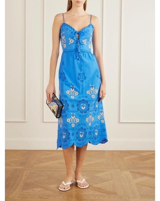 Sea Blue Catharina Floral-Embroidered Cotton And Linen-Blend Maxi Dress