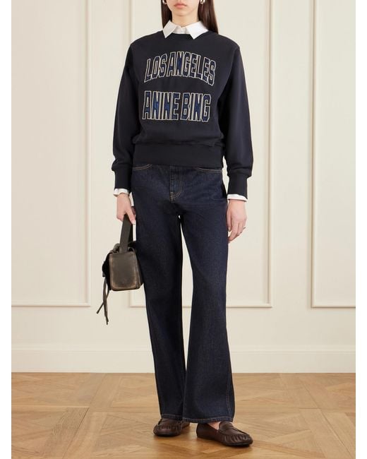 Anine Bing Blue Harry Embroidered Appliquéd Cotton-Jersey Sweatshirt