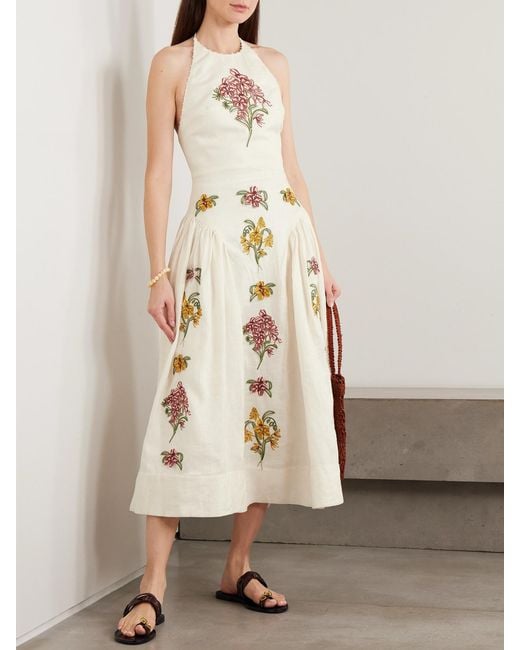 Agua Bendita White Balsa Embellished Embroidered Linen Halterneck Midi Dress